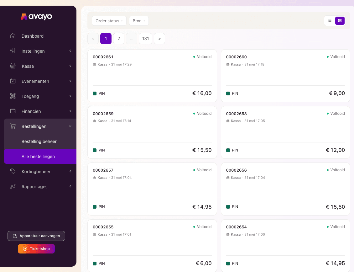 Avayo admin - kassa beheer